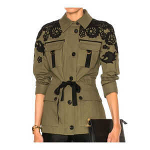 Veronica Beard Coat Olive Green Heritage Black Lace Long Sleeve Utility Jacket 8